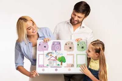 Tablero de anuncios con diseño de cámaras en tonos pastel