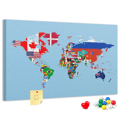 Tablero de corcho decorado Mapa del mundo con banderas de países