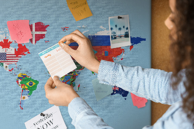 Tablero de corcho decorado mapa del mundo con banderas de países