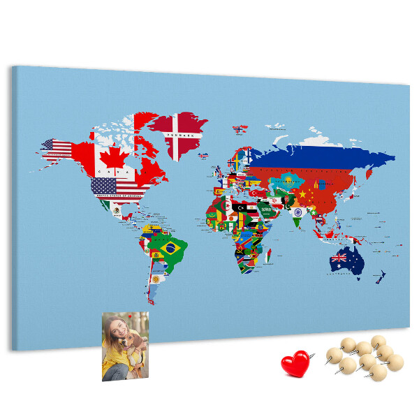 Tablero de corcho decorado mapa del mundo con banderas de países