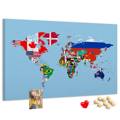 Tablero de corcho decorado mapa del mundo con banderas de países