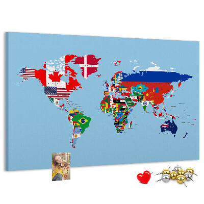 Tablero de corcho decorado mapa del mundo con banderas de países