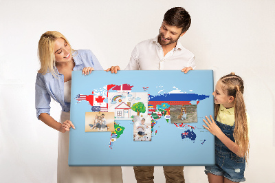 Tablero de corcho decorado mapa del mundo con banderas de países