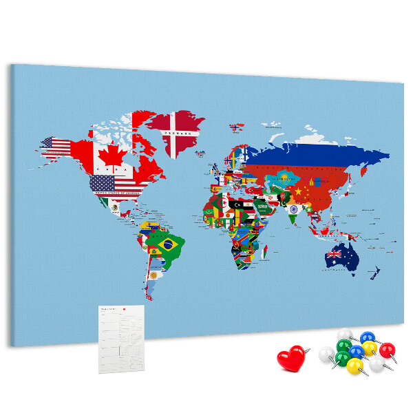 Tablero de corcho decorado mapa del mundo con banderas de países
