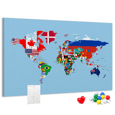 Tablero de corcho decorado mapa del mundo con banderas de países