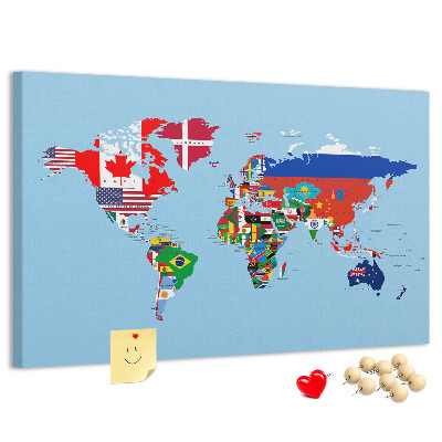 Tablero de corcho decorado mapa del mundo con banderas de países
