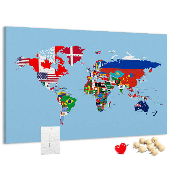 Tablero de corcho decorado mapa del mundo con banderas de países