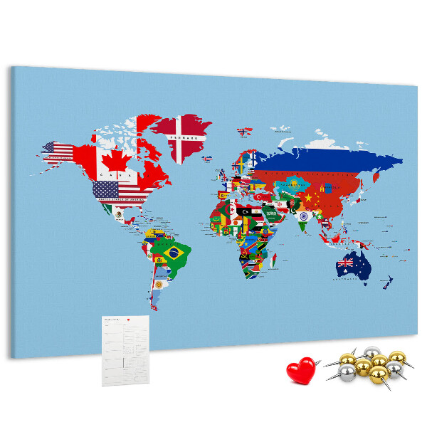 Tablero de corcho decorado mapa del mundo con banderas de países