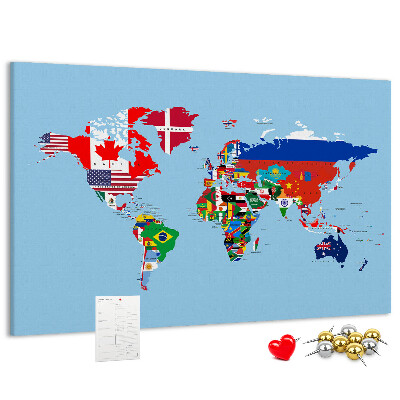 Tablero de corcho decorado mapa del mundo con banderas de países