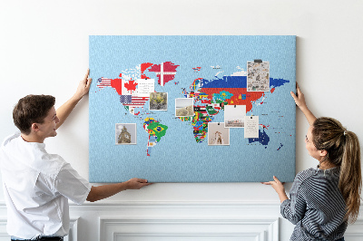 Tablero de corcho decorado mapa del mundo con banderas de países