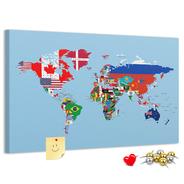 Tablero de corcho decorado mapa del mundo con banderas de países