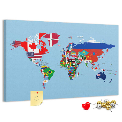 Tablero de corcho decorado mapa del mundo con banderas de países