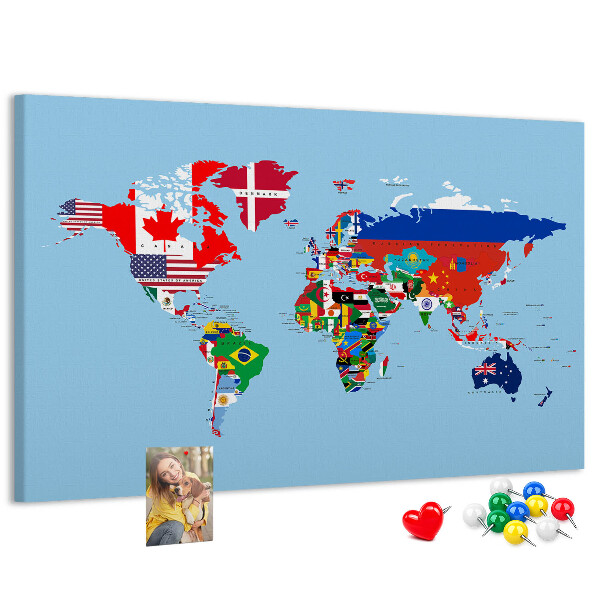 Tablero de corcho decorado mapa del mundo con banderas de países