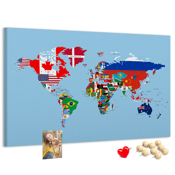 Tablero de corcho decorado mapa del mundo con banderas de países