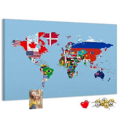 Tablero de corcho decorado mapa del mundo con banderas de países