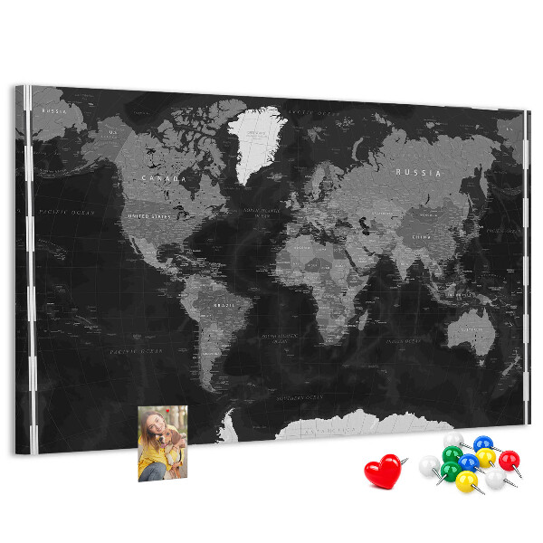 Tablero de anuncios mapa mundial negro con los contornos de los países