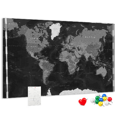 Tablero de anuncios mapa mundial negro con los contornos de los países