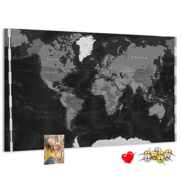 Tablero de anuncios mapa mundial negro con los contornos de los países