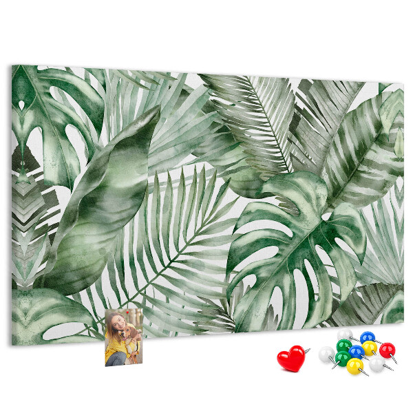 Pizarra de corcho con diseño de hojas tropicales en tonos verdes