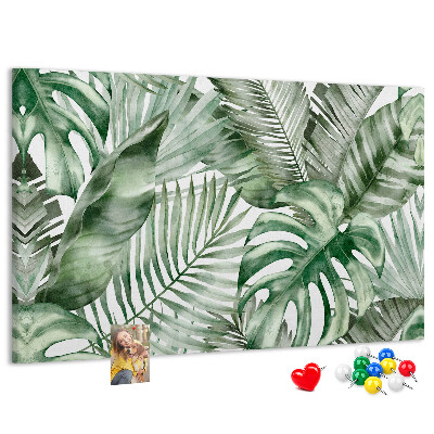 Pizarra de corcho con diseño de hojas tropicales en tonos verdes