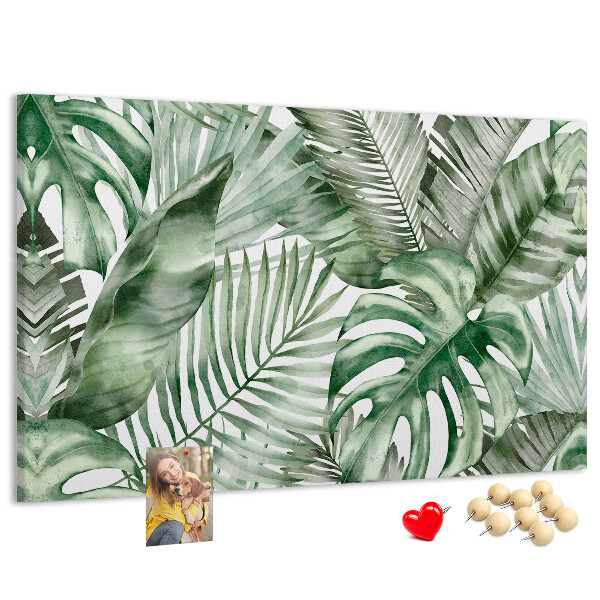 Pizarra de corcho con diseño de hojas tropicales en tonos verdes