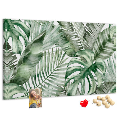 Pizarra de corcho con diseño de hojas tropicales en tonos verdes