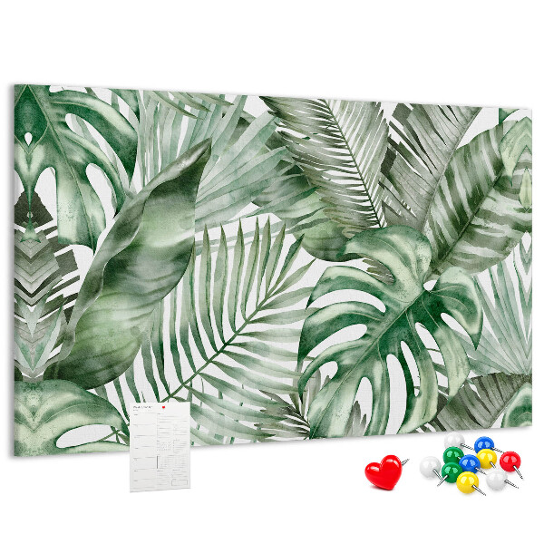 Pizarra de corcho con diseño de hojas tropicales en tonos verdes