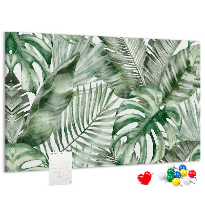 Pizarra de corcho con diseño de hojas tropicales en tonos verdes
