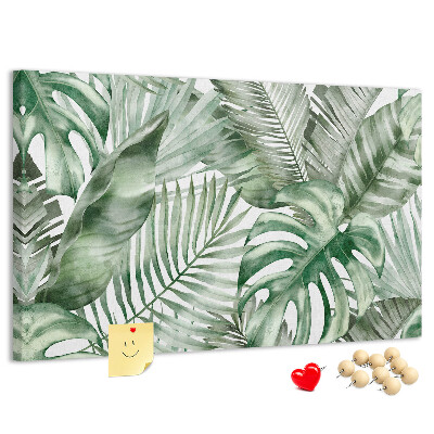 Pizarra de corcho con diseño de hojas tropicales en tonos verdes