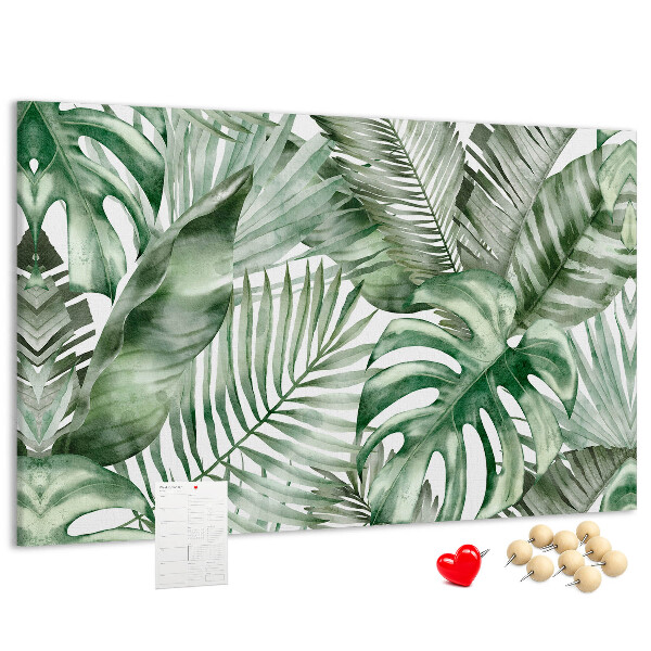 Pizarra de corcho con diseño de hojas tropicales en tonos verdes