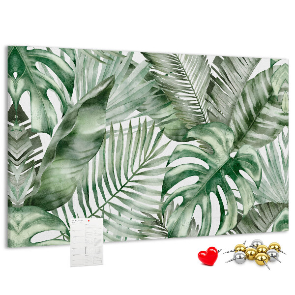 Pizarra de corcho con diseño de hojas tropicales en tonos verdes