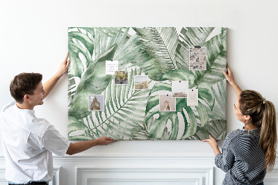 Pizarra de corcho con diseño de hojas tropicales en tonos verdes