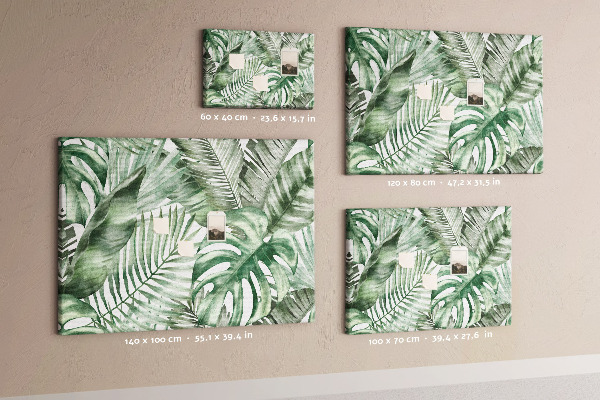 Pizarra de corcho con diseño de hojas tropicales en tonos verdes