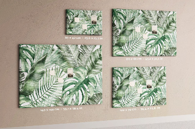 Pizarra de corcho con diseño de hojas tropicales en tonos verdes