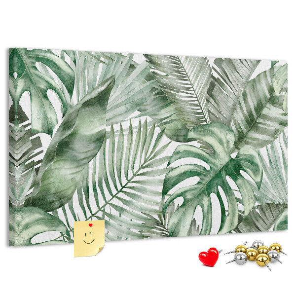 Pizarra de corcho con diseño de hojas tropicales en tonos verdes