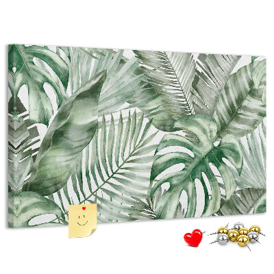 Pizarra de corcho con diseño de hojas tropicales en tonos verdes