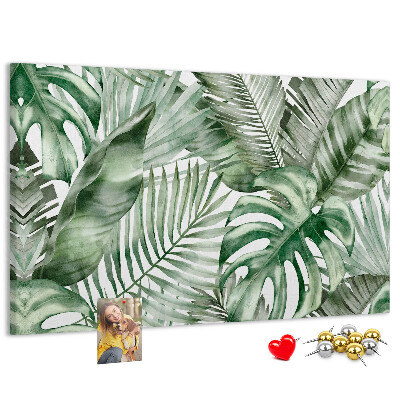 Pizarra de corcho con diseño de hojas tropicales en tonos verdes