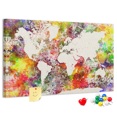 Tablero de corcho decorado Mapa del mundo colorido al estilo acuarela.