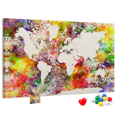 Tablero de corcho decorado mapa del mundo colorido al estilo acuarela