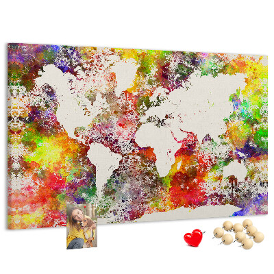 Tablero de corcho decorado mapa del mundo colorido al estilo acuarela