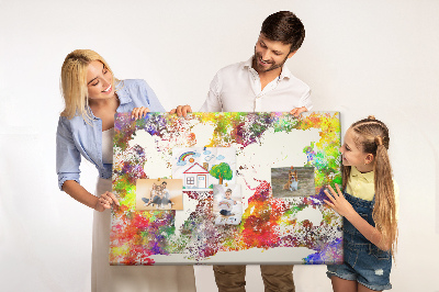 Tablero de corcho decorado mapa del mundo colorido al estilo acuarela