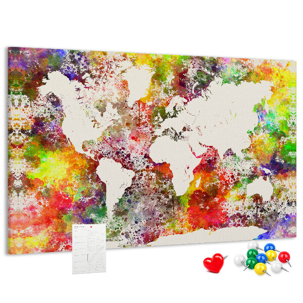 Tablero de corcho decorado mapa del mundo colorido al estilo acuarela