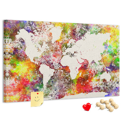 Tablero de corcho decorado mapa del mundo colorido al estilo acuarela