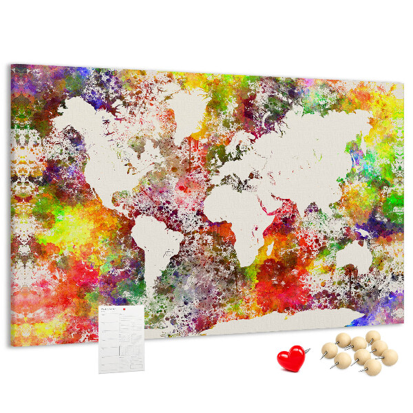Tablero de corcho decorado mapa del mundo colorido al estilo acuarela