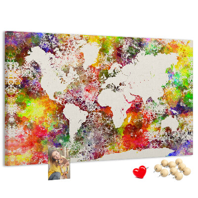 Tablero de corcho decorado mapa del mundo colorido al estilo acuarela