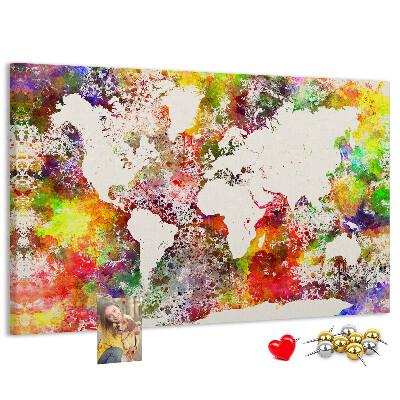 Tablero de corcho decorado mapa del mundo colorido al estilo acuarela