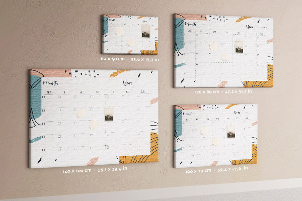 Pizarra de corcho con calendario colorido de patrones abstractos