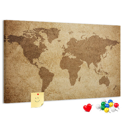 Tablero de corcho decorado mapa del mundo antiguo sobre fondo de bronce
