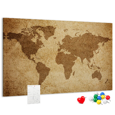 Tablero de corcho decorado mapa del mundo antiguo sobre fondo de bronce