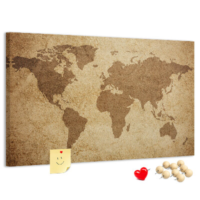 Tablero de corcho decorado mapa del mundo antiguo sobre fondo de bronce
